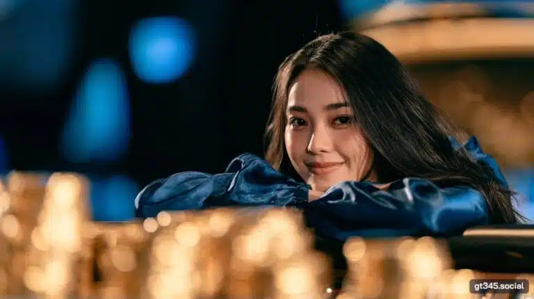 สาวไทยชุดซาตินสีน้ำเงินยิ้มข้างกองชิปทอง