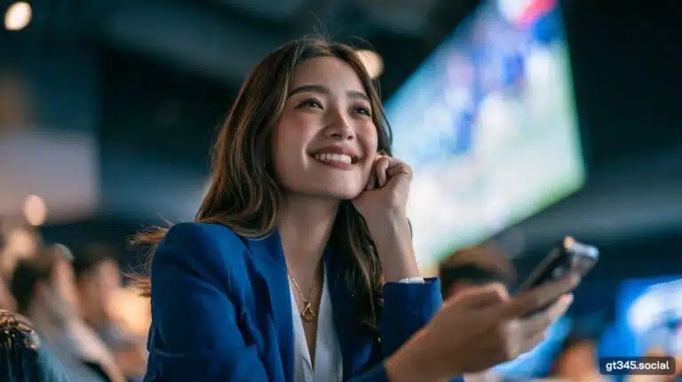 สาวไทยเสื้อสูทน้ำเงินดูฟุตบอลพร้อมมือถือ